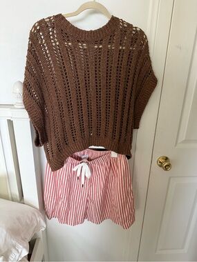 Brunello Cucinelli linen blend sequins embellished Brown Open-Knit  Sweater Sz M